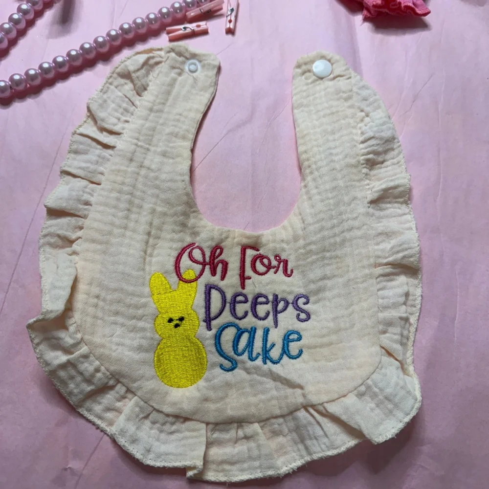 Personalized muslin cotton Oh For Peeps Sake Ruffled Baby Bib Easter